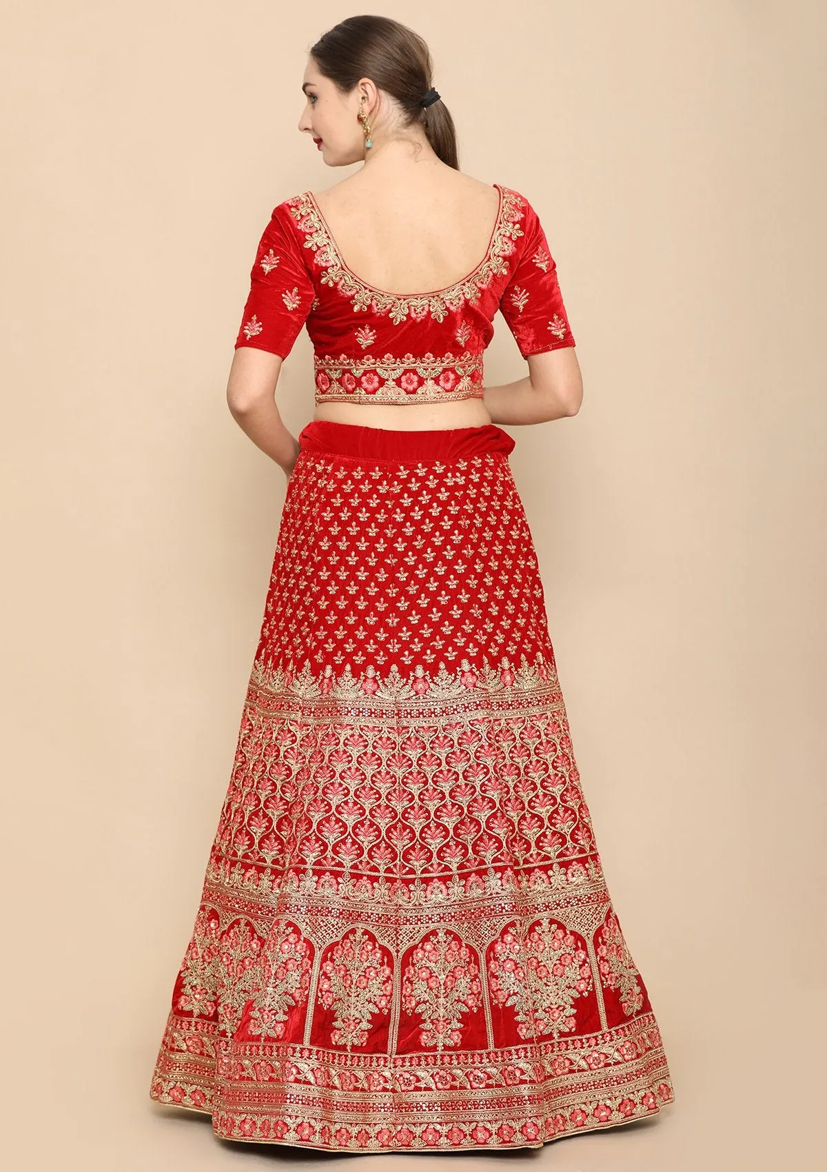 Red Micro Stone Work Silk Semi Stitched Lehenga