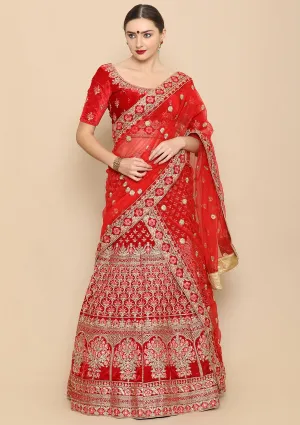 Red Micro Stone Work Silk Semi Stitched Lehenga
