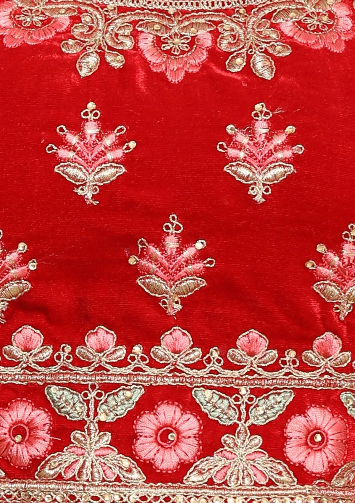 Red Micro Stone Work Silk Semi Stitched Lehenga