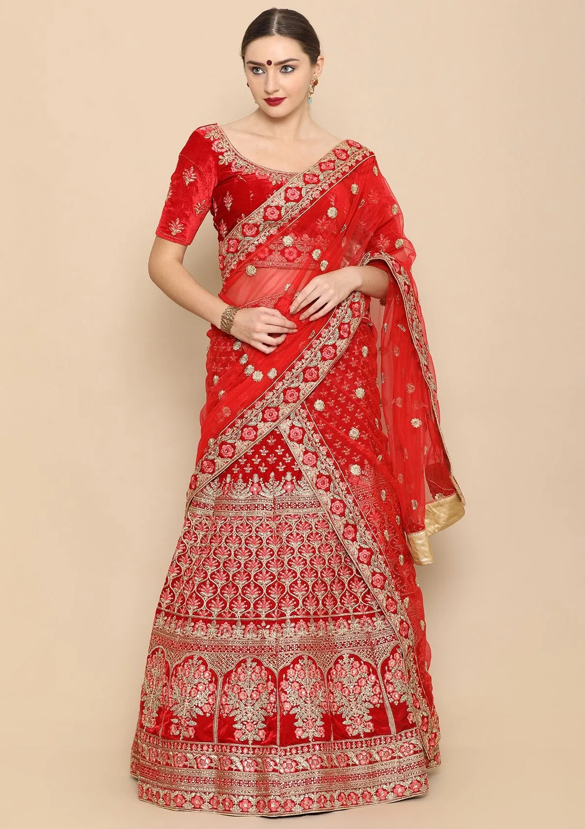 Red Micro Stone Work Silk Semi Stitched Lehenga