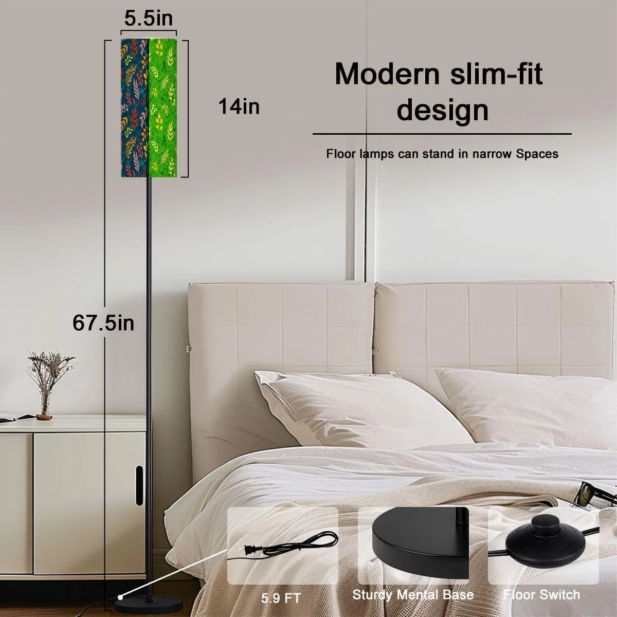 Retro style seamless pattern set hand drawn leaves branches wild herbs Modern Floor Lamp Minimalist Standing Lamps for Living Room LED Corner Lamp Remote Control Metal Pole Lamp for Bedroom, Reading