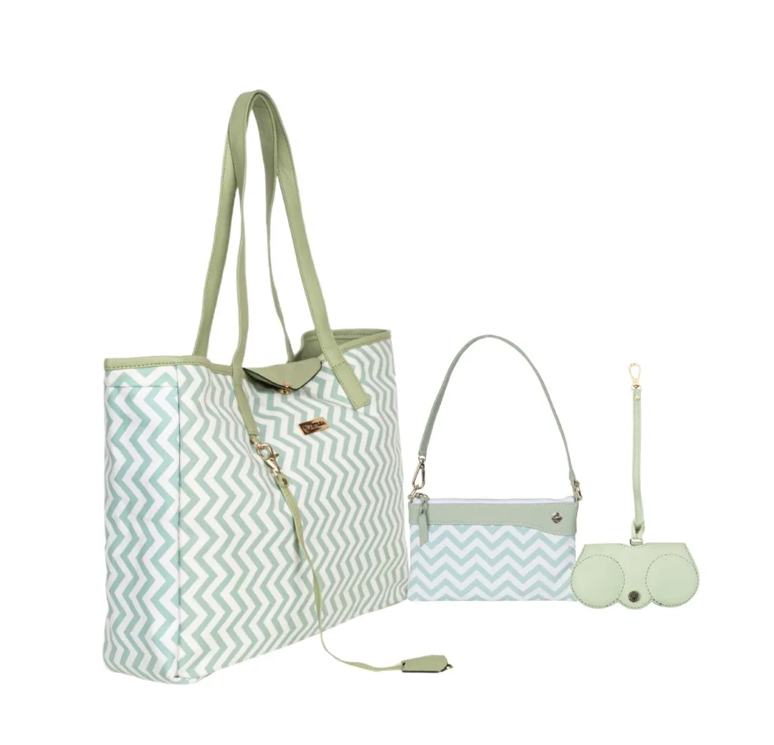 Reversible Tote bag & Printed Sling Bag-Wristlet Wallet-Eyeglass Case Shevron, Mint Green(Combo)