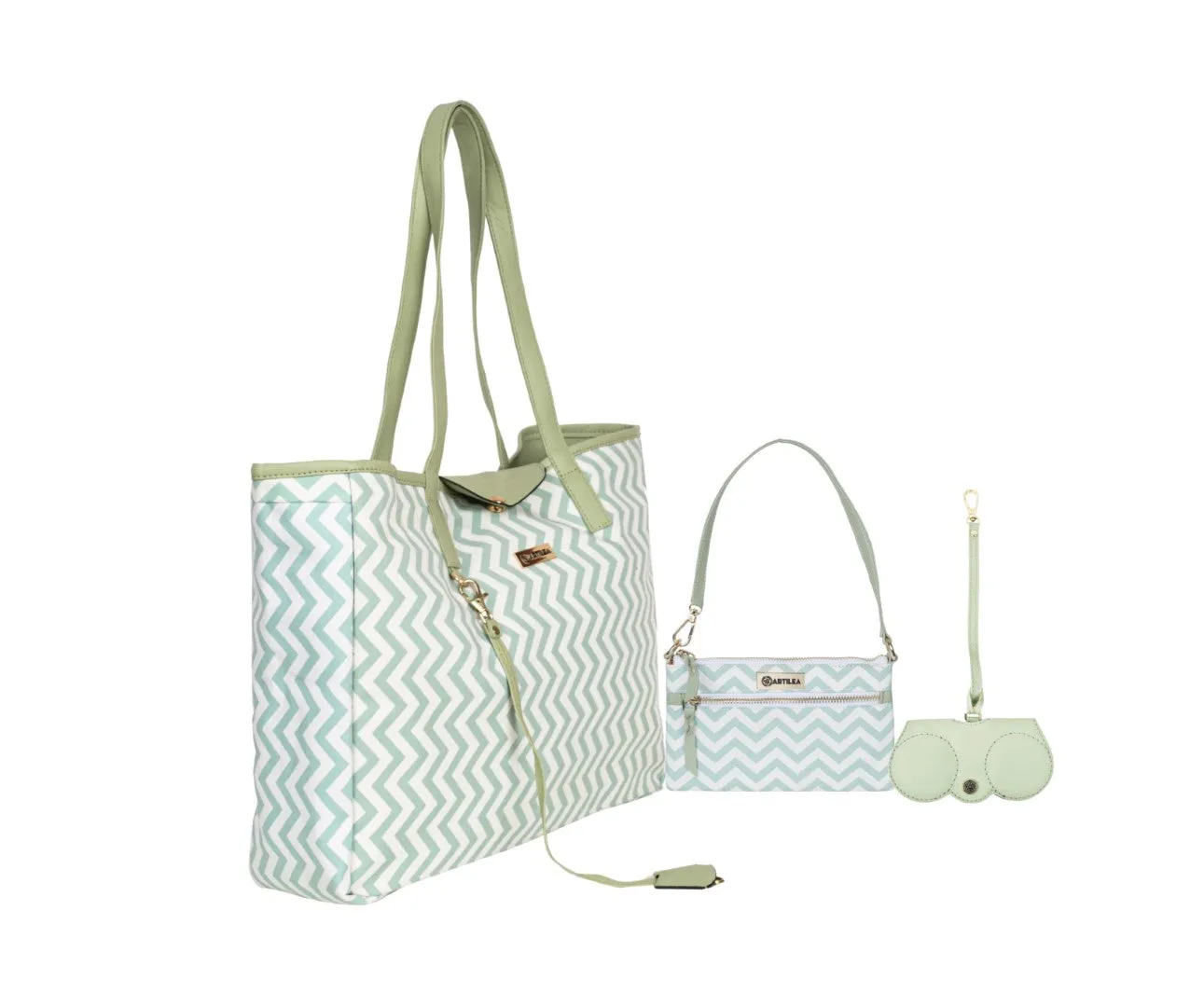 Reversible Tote bag & Printed Sling Bag-Wristlet Wallet-Eyeglass Case Shevron, Mint Green(Combo)