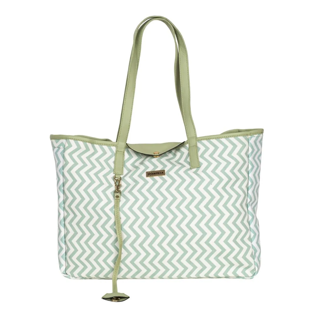 Reversible Tote bag & Printed Sling Bag-Wristlet Wallet-Eyeglass Case Shevron, Mint Green(Combo)