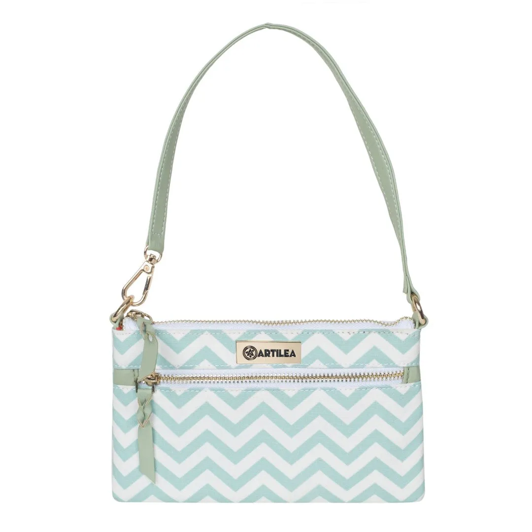 Reversible Tote bag & Printed Sling Bag-Wristlet Wallet-Eyeglass Case Shevron, Mint Green(Combo)