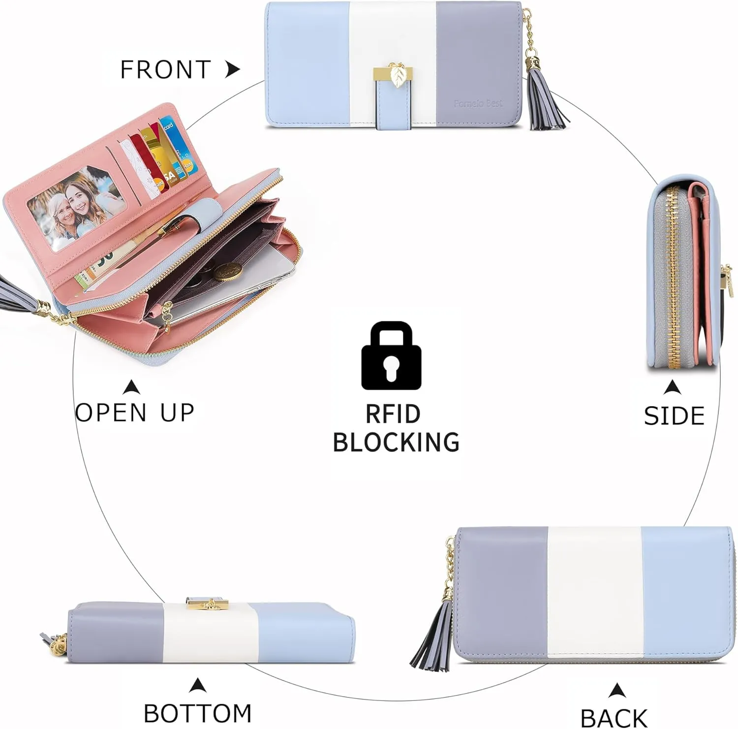 RFID Blocking Wallets Clutch Wallets for Women with Multiple Card Holder, Coin Pocket and Cellphone Compartment, Light Blue