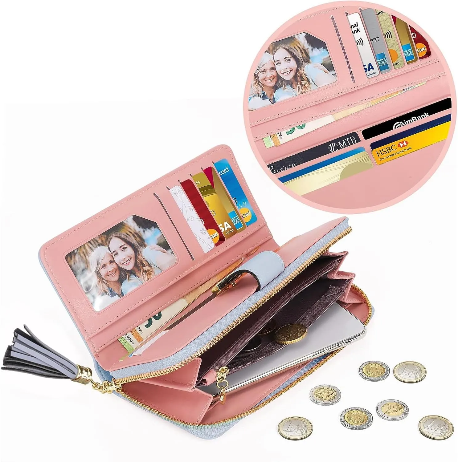 RFID Blocking Wallets Clutch Wallets for Women with Multiple Card Holder, Coin Pocket and Cellphone Compartment, Light Blue