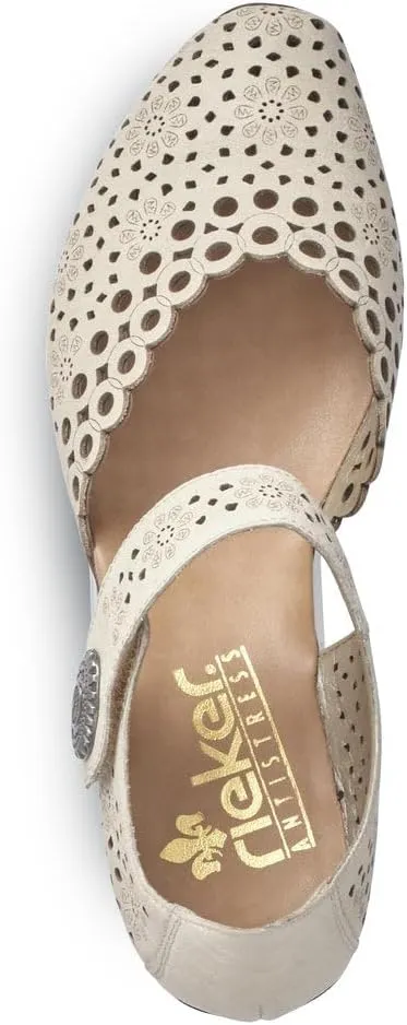 Rieker 43753 Mirjam Women's Mary Jane Heels - Low-Heel Leather Shoes with Adjustable Ankle Strap & Laser-Cut Design - Comfortable Women’s Heels for Casual & Dressy Wear