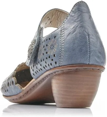 Rieker 43753 Mirjam Women's Mary Jane Heels - Low-Heel Leather Shoes with Adjustable Ankle Strap & Laser-Cut Design - Comfortable Women’s Heels for Casual & Dressy Wear
