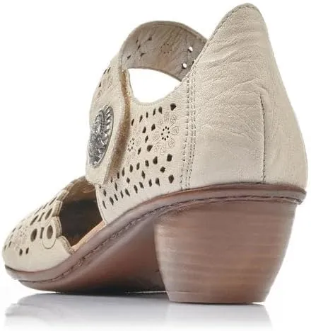 Rieker 43753 Mirjam Women's Mary Jane Heels - Low-Heel Leather Shoes with Adjustable Ankle Strap & Laser-Cut Design - Comfortable Women’s Heels for Casual & Dressy Wear