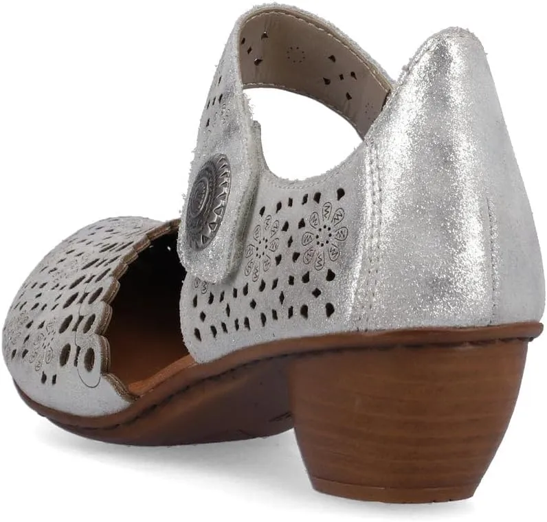 Rieker 43753 Mirjam Women's Mary Jane Heels - Low-Heel Leather Shoes with Adjustable Ankle Strap & Laser-Cut Design - Comfortable Women’s Heels for Casual & Dressy Wear