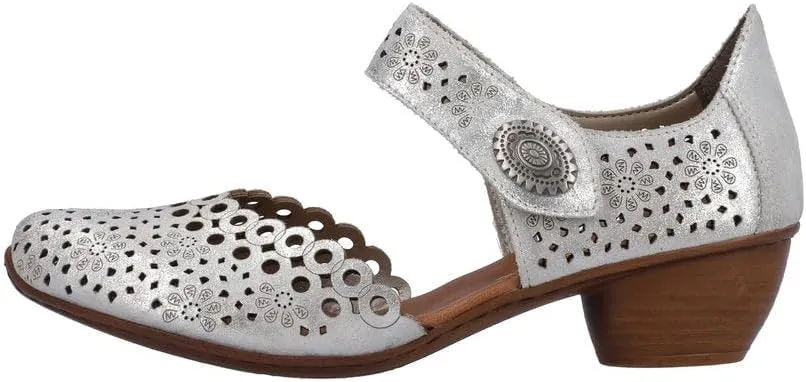 Rieker 43753 Mirjam Women's Mary Jane Heels - Low-Heel Leather Shoes with Adjustable Ankle Strap & Laser-Cut Design - Comfortable Women’s Heels for Casual & Dressy Wear