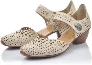 Rieker 43753 Mirjam Women's Mary Jane Heels - Low-Heel Leather Shoes with Adjustable Ankle Strap & Laser-Cut Design - Comfortable Women’s Heels for Casual & Dressy Wear