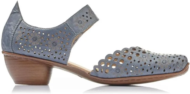 Rieker 43753 Mirjam Women's Mary Jane Heels - Low-Heel Leather Shoes with Adjustable Ankle Strap & Laser-Cut Design - Comfortable Women’s Heels for Casual & Dressy Wear