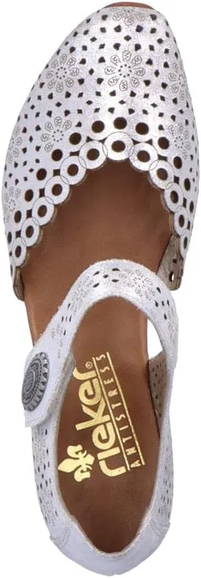 Rieker 43753 Mirjam Women's Mary Jane Heels - Low-Heel Leather Shoes with Adjustable Ankle Strap & Laser-Cut Design - Comfortable Women’s Heels for Casual & Dressy Wear