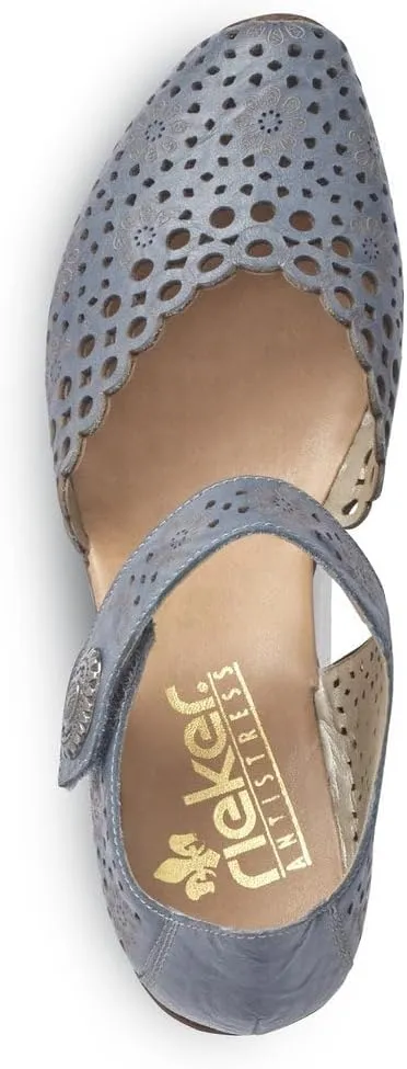 Rieker 43753 Mirjam Women's Mary Jane Heels - Low-Heel Leather Shoes with Adjustable Ankle Strap & Laser-Cut Design - Comfortable Women’s Heels for Casual & Dressy Wear