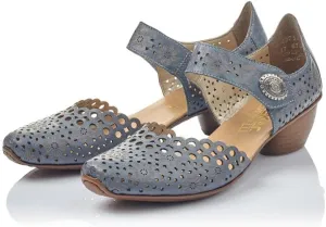 Rieker 43753 Mirjam Women's Mary Jane Heels - Low-Heel Leather Shoes with Adjustable Ankle Strap & Laser-Cut Design - Comfortable Women’s Heels for Casual & Dressy Wear