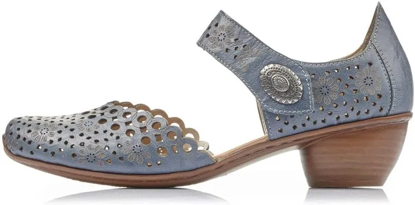 Rieker 43753 Mirjam Women's Mary Jane Heels - Low-Heel Leather Shoes with Adjustable Ankle Strap & Laser-Cut Design - Comfortable Women’s Heels for Casual & Dressy Wear