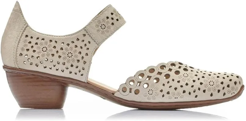 Rieker 43753 Mirjam Women's Mary Jane Heels - Low-Heel Leather Shoes with Adjustable Ankle Strap & Laser-Cut Design - Comfortable Women’s Heels for Casual & Dressy Wear