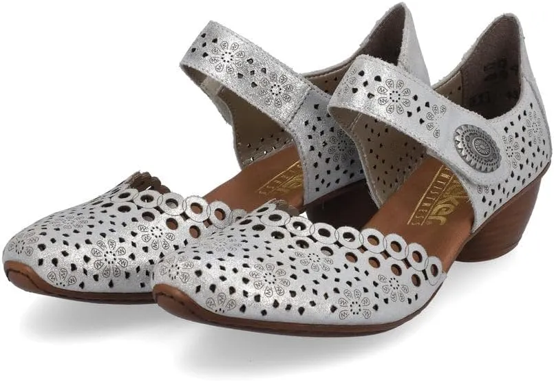 Rieker 43753 Mirjam Women's Mary Jane Heels - Low-Heel Leather Shoes with Adjustable Ankle Strap & Laser-Cut Design - Comfortable Women’s Heels for Casual & Dressy Wear