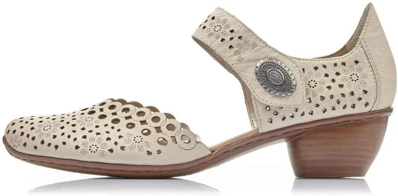 Rieker 43753 Mirjam Women's Mary Jane Heels - Low-Heel Leather Shoes with Adjustable Ankle Strap & Laser-Cut Design - Comfortable Women’s Heels for Casual & Dressy Wear