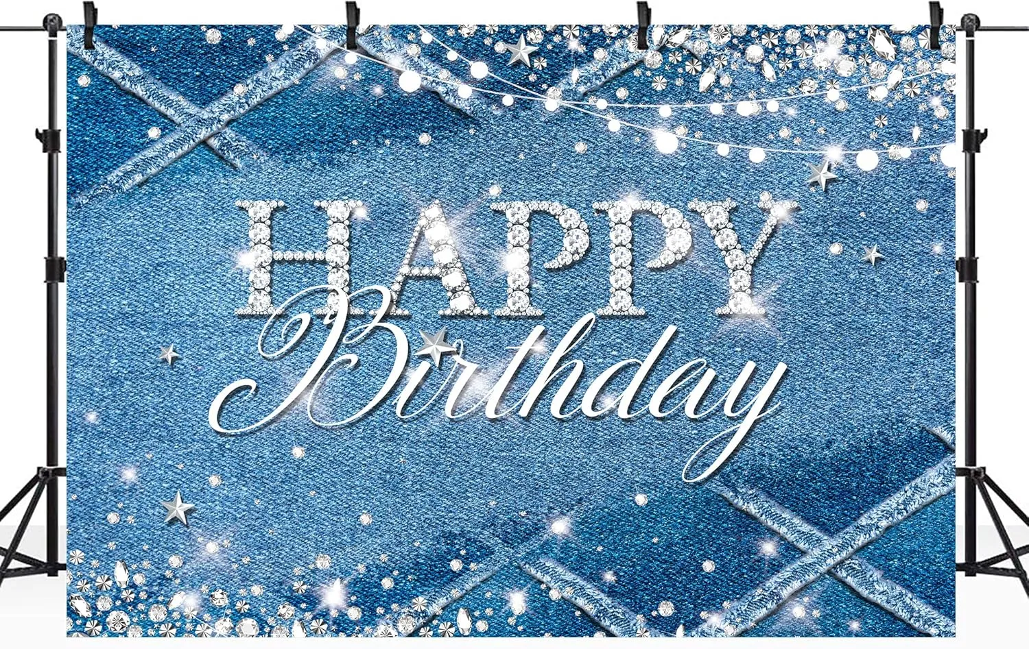Riyidecor Denim Diamonds Birthday Backdrop for Women Navy Blue Silver Modern Luxury Crystal Sparkle Shining 7Wx5H Feet Girls Photography Background Happy Birthday Photo Studio Shoot Polyester Fabric