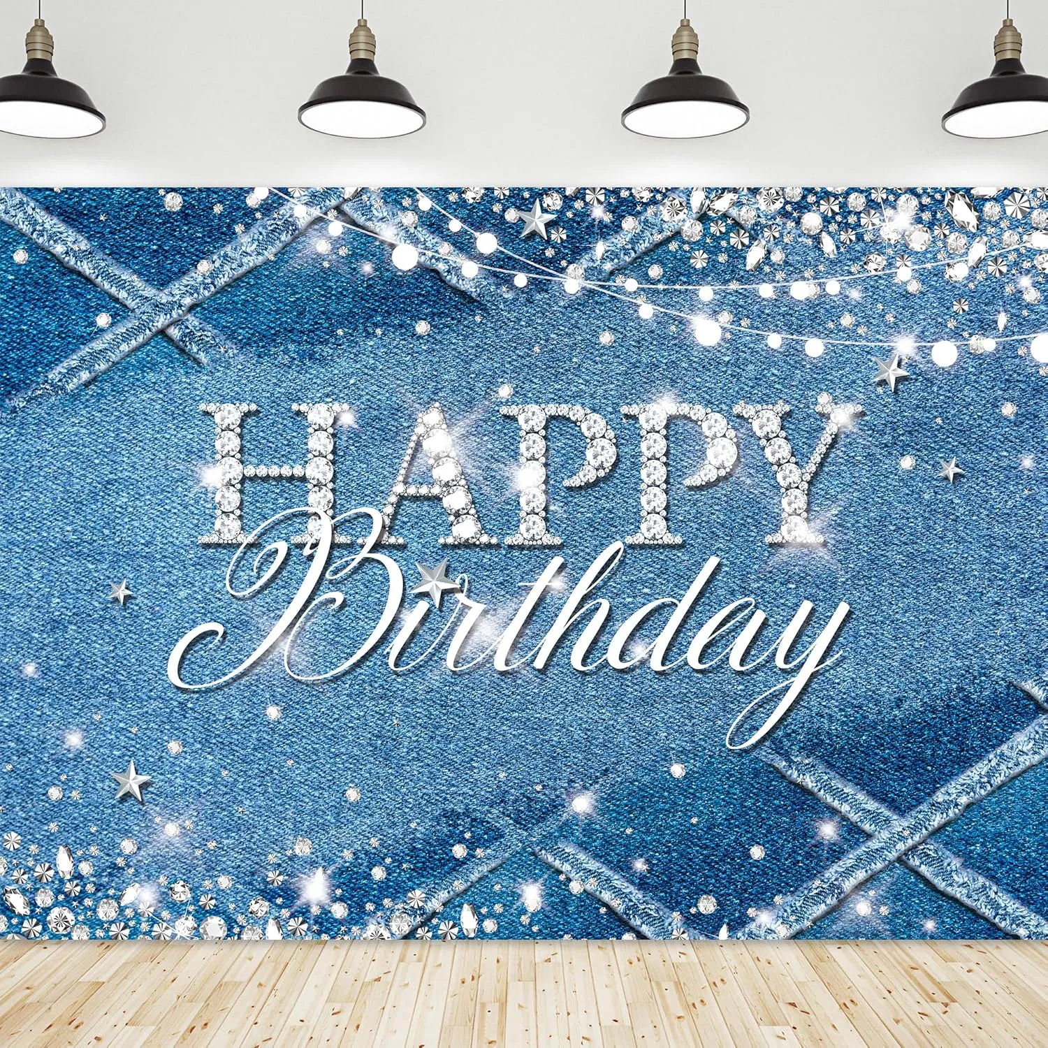 Riyidecor Denim Diamonds Birthday Backdrop for Women Navy Blue Silver Modern Luxury Crystal Sparkle Shining 7Wx5H Feet Girls Photography Background Happy Birthday Photo Studio Shoot Polyester Fabric