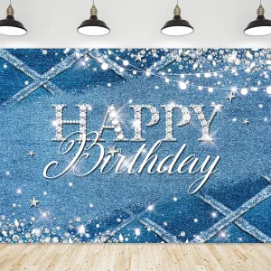 Riyidecor Denim Diamonds Birthday Backdrop for Women Navy Blue Silver Modern Luxury Crystal Sparkle Shining 7Wx5H Feet Girls Photography Background Happy Birthday Photo Studio Shoot Polyester Fabric