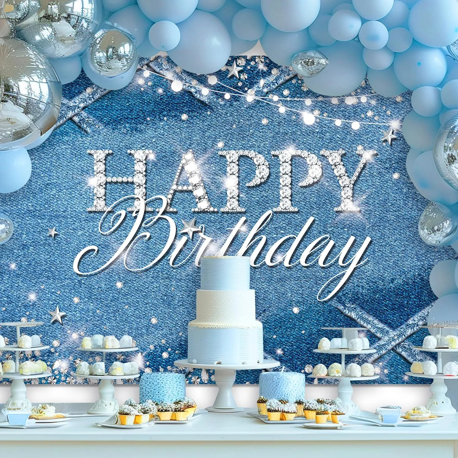 Riyidecor Denim Diamonds Birthday Backdrop for Women Navy Blue Silver Modern Luxury Crystal Sparkle Shining 7Wx5H Feet Girls Photography Background Happy Birthday Photo Studio Shoot Polyester Fabric