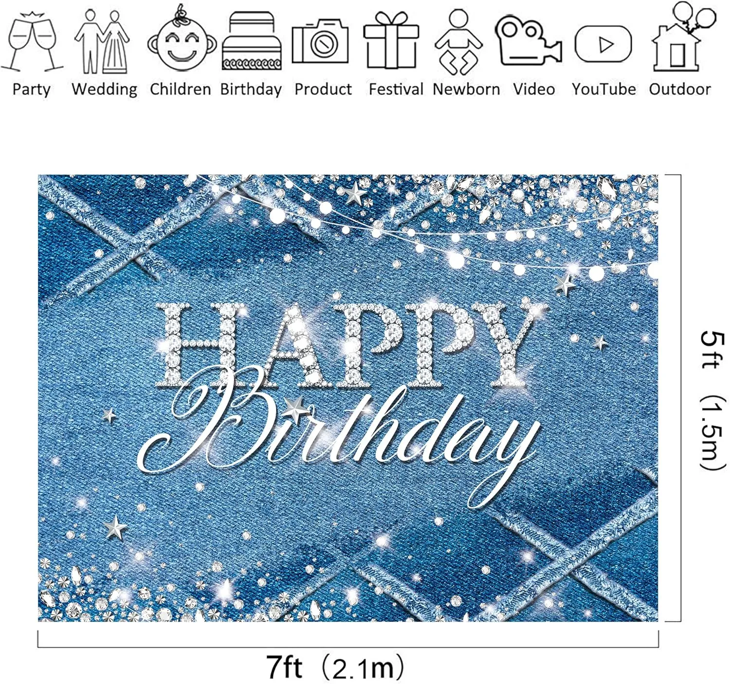 Riyidecor Denim Diamonds Birthday Backdrop for Women Navy Blue Silver Modern Luxury Crystal Sparkle Shining 7Wx5H Feet Girls Photography Background Happy Birthday Photo Studio Shoot Polyester Fabric