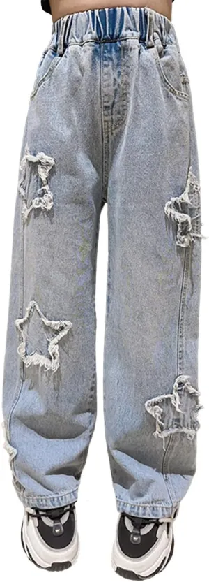 Rolanko Girls Jeans Denim Elastic Wasit Wide Leg Baggy Pants Kids Clothes 4-14 Years