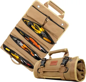 Roll Up Tool Bag, Heavy Duty Tool Organizer Bag, Portable Tools Bag with 6 Tool Pouches for Mechanics, Electricians, DIY Projects, Gifts for Men Dad Husband (Khaki)