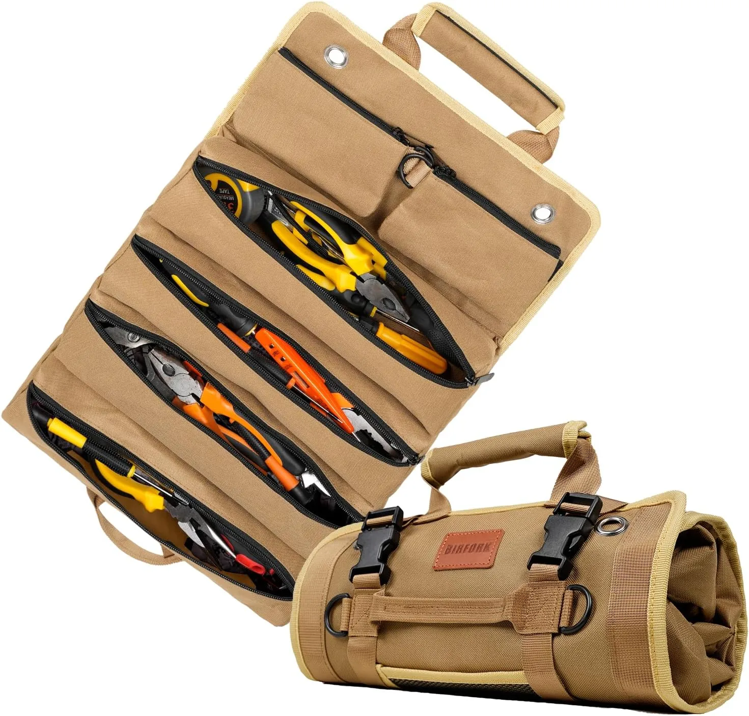 Roll Up Tool Bag, Heavy Duty Tool Organizer Bag, Portable Tools Bag with 6 Tool Pouches for Mechanics, Electricians, DIY Projects, Gifts for Men Dad Husband (Khaki)
