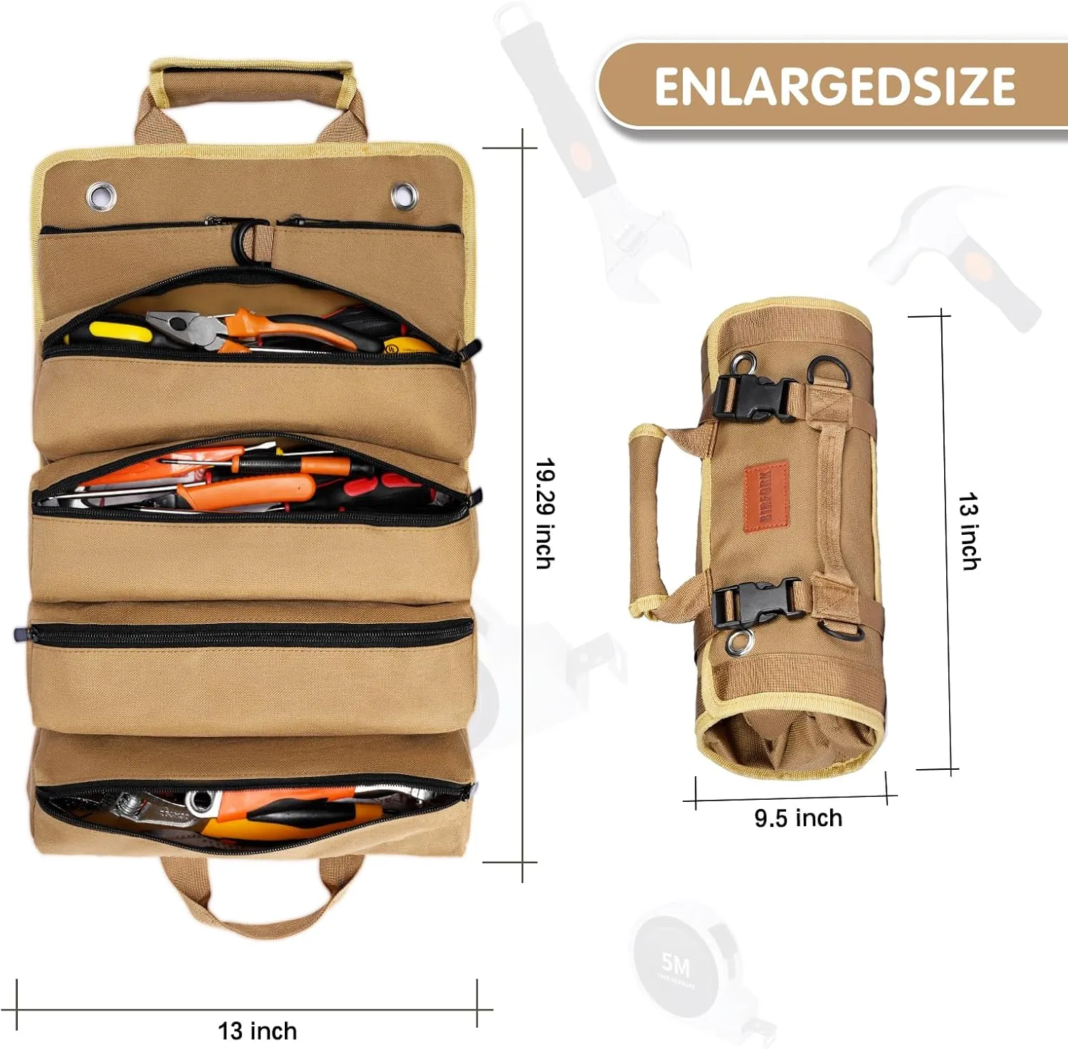 Roll Up Tool Bag, Heavy Duty Tool Organizer Bag, Portable Tools Bag with 6 Tool Pouches for Mechanics, Electricians, DIY Projects, Gifts for Men Dad Husband (Khaki)