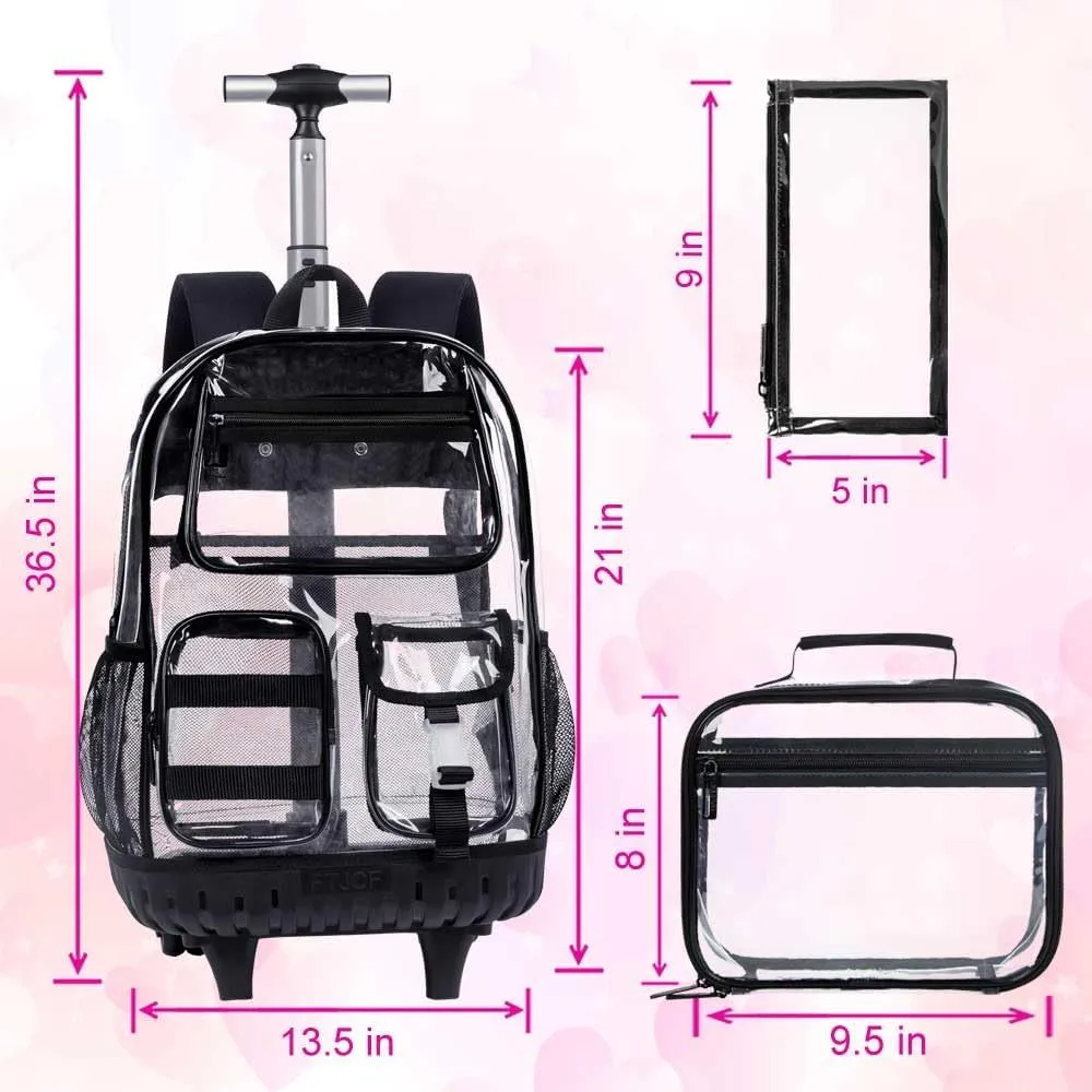 Rolling Clear Backpack for Women, Heavy Duty PVC Transparent Wheeled Bookbag, See Through School Bags with Wheels for Teens Elementary Travel - Black
