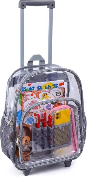Rolling Clear Backpack, Heavy Duty Cold-Resistant Security Transparent PVC Backpack with Wheels (Grey)