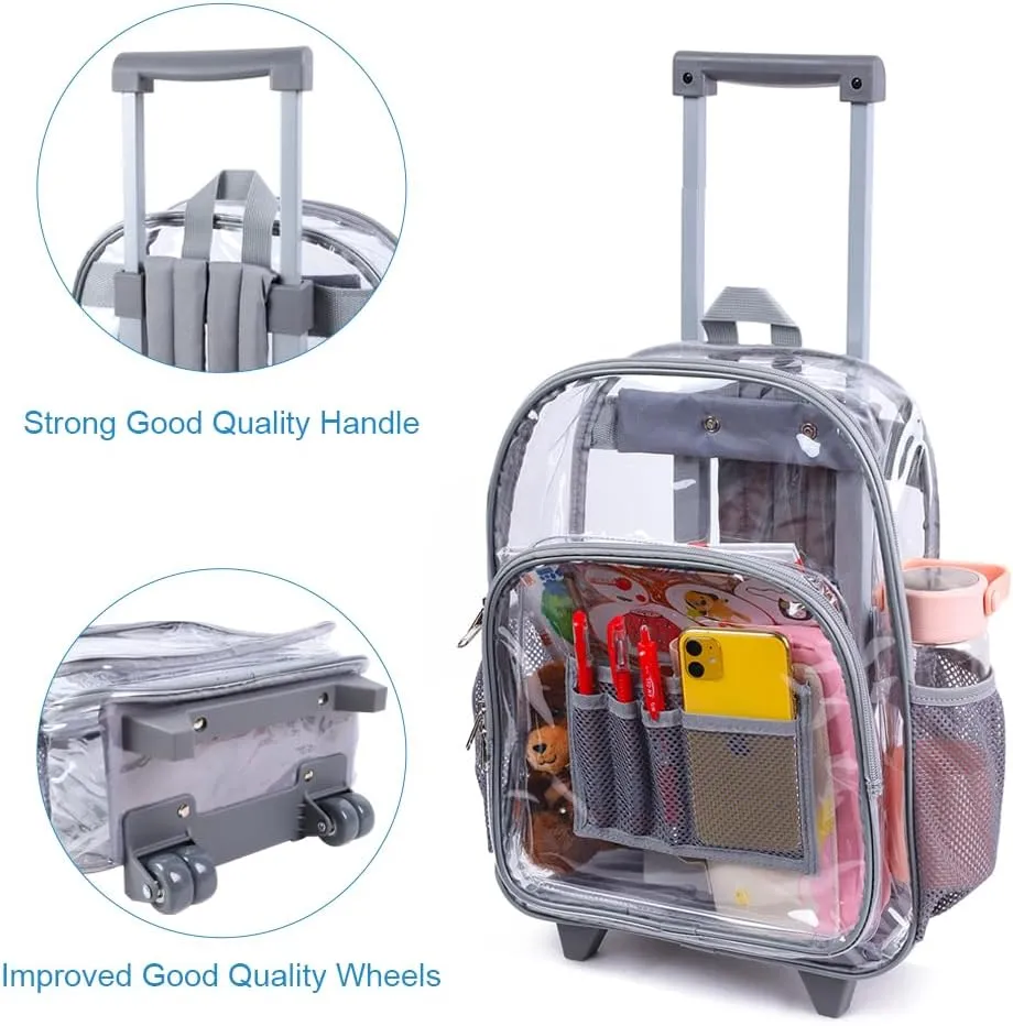 Rolling Clear Backpack, Heavy Duty Cold-Resistant Security Transparent PVC Backpack with Wheels (Grey)