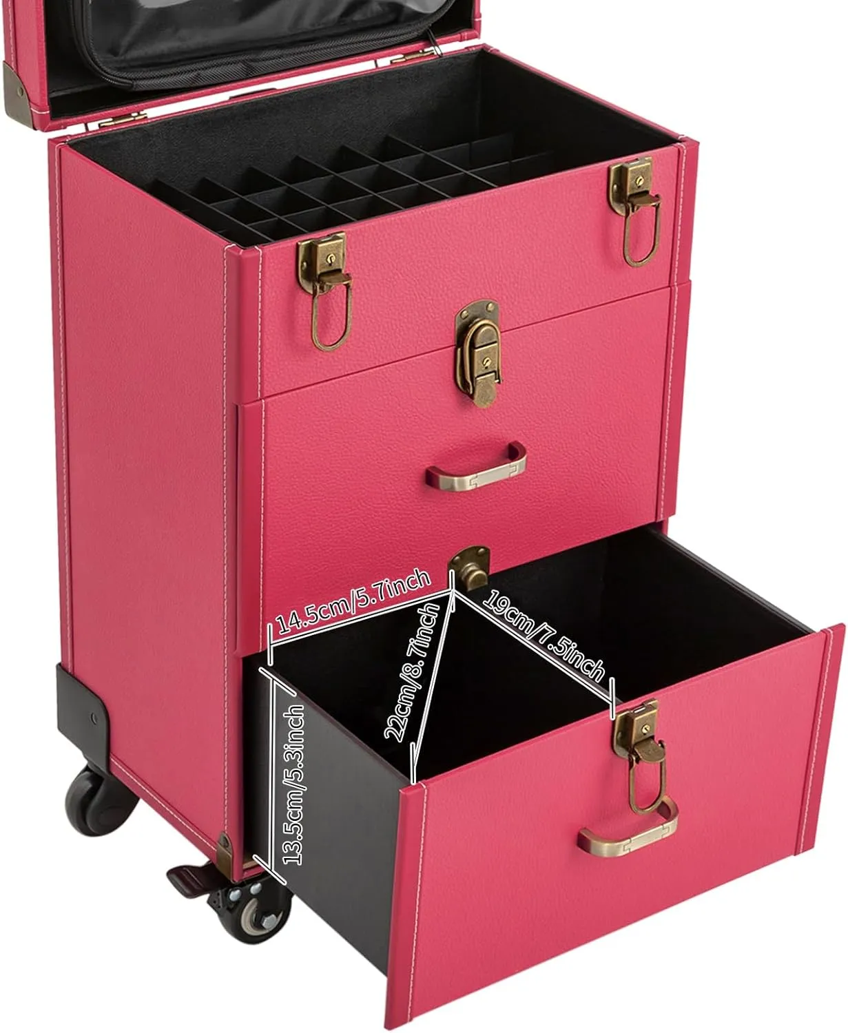 Rolling Makeup Trolley Case, Makeup Train Case with Keys Swivel Wheels, Makeup Suitcase Organizer on Wheels for Nail Tech Hairstylists (Rose)