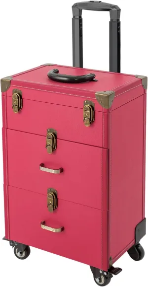 Rolling Makeup Trolley Case, Makeup Train Case with Keys Swivel Wheels, Makeup Suitcase Organizer on Wheels for Nail Tech Hairstylists (Rose)