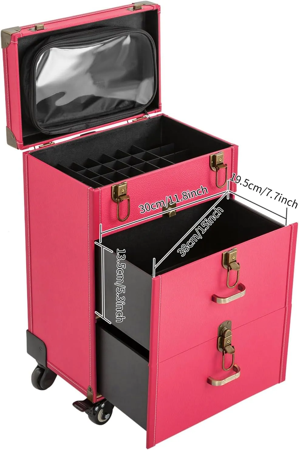 Rolling Makeup Trolley Case, Makeup Train Case with Keys Swivel Wheels, Makeup Suitcase Organizer on Wheels for Nail Tech Hairstylists (Rose)