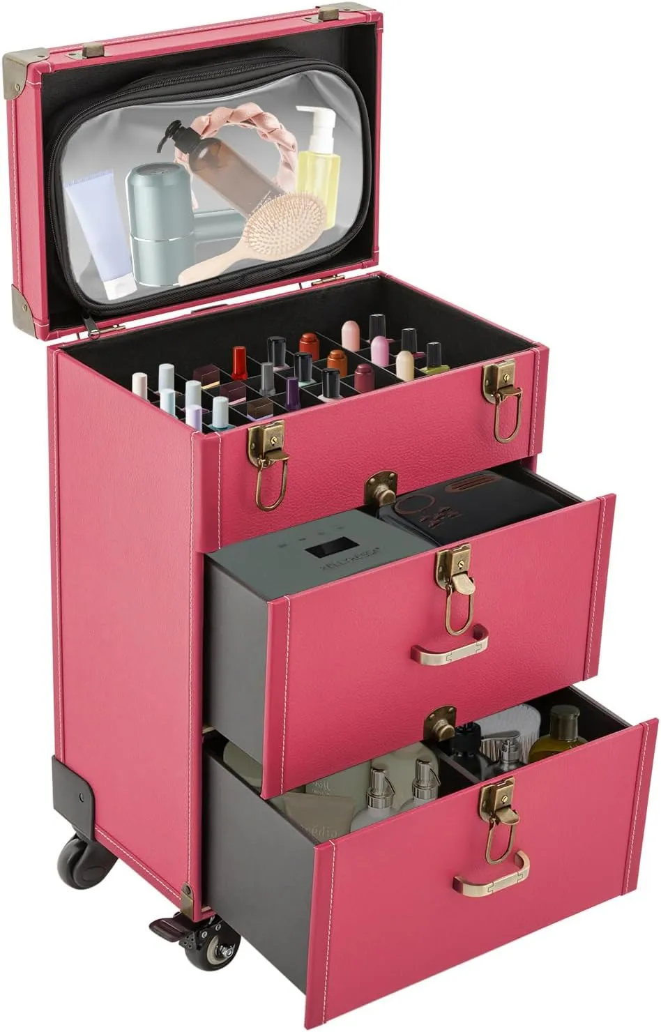 Rolling Makeup Trolley Case, Makeup Train Case with Keys Swivel Wheels, Makeup Suitcase Organizer on Wheels for Nail Tech Hairstylists (Rose)