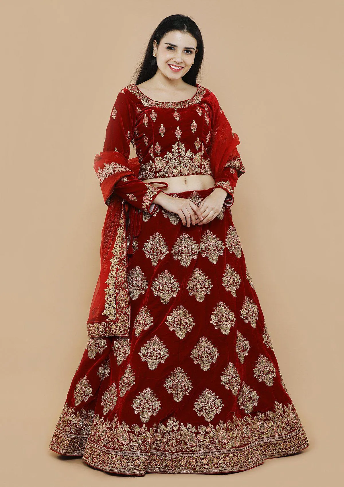 Royal Red Zariwork Velvet Semi Stitched Lehenga