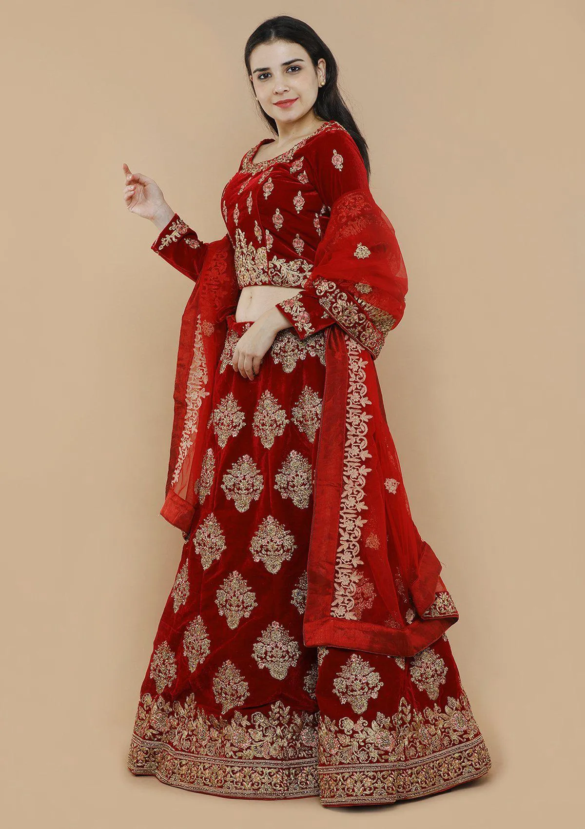 Royal Red Zariwork Velvet Semi Stitched Lehenga