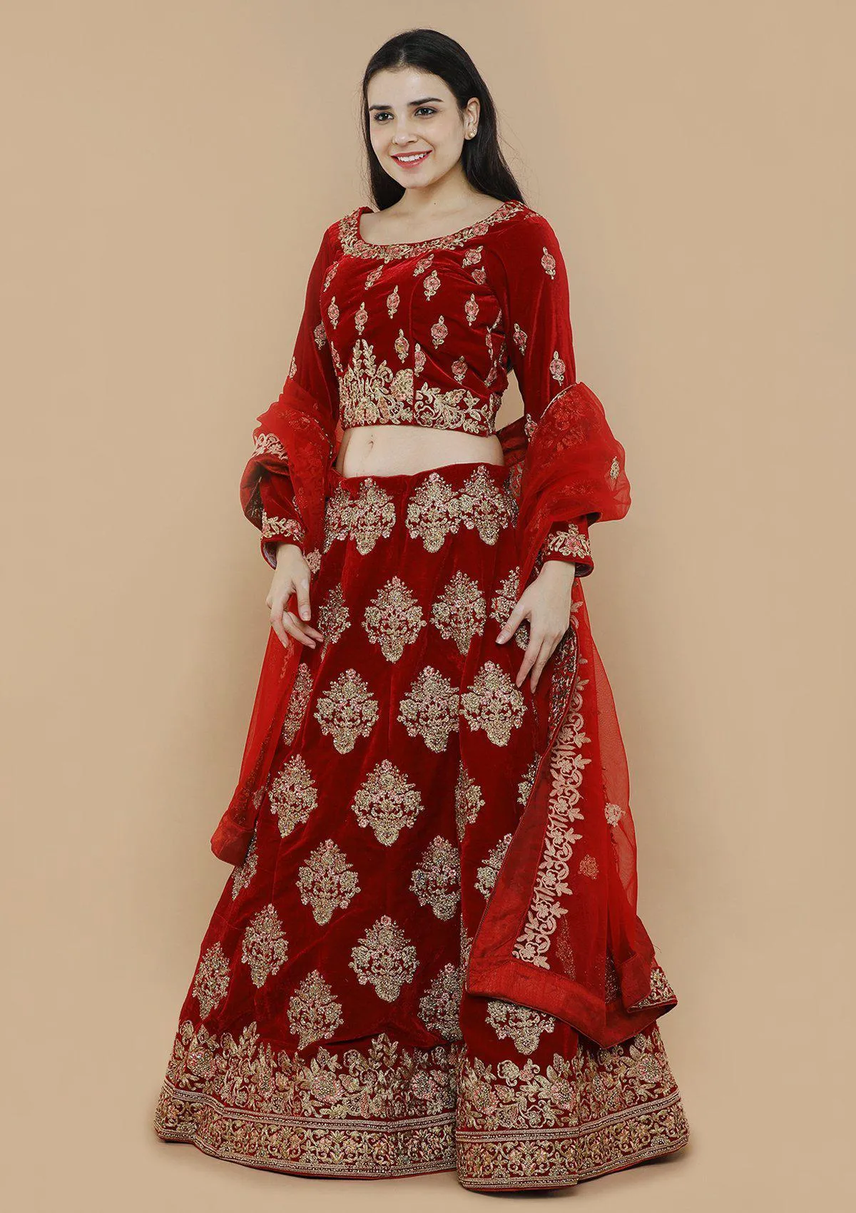 Royal Red Zariwork Velvet Semi Stitched Lehenga