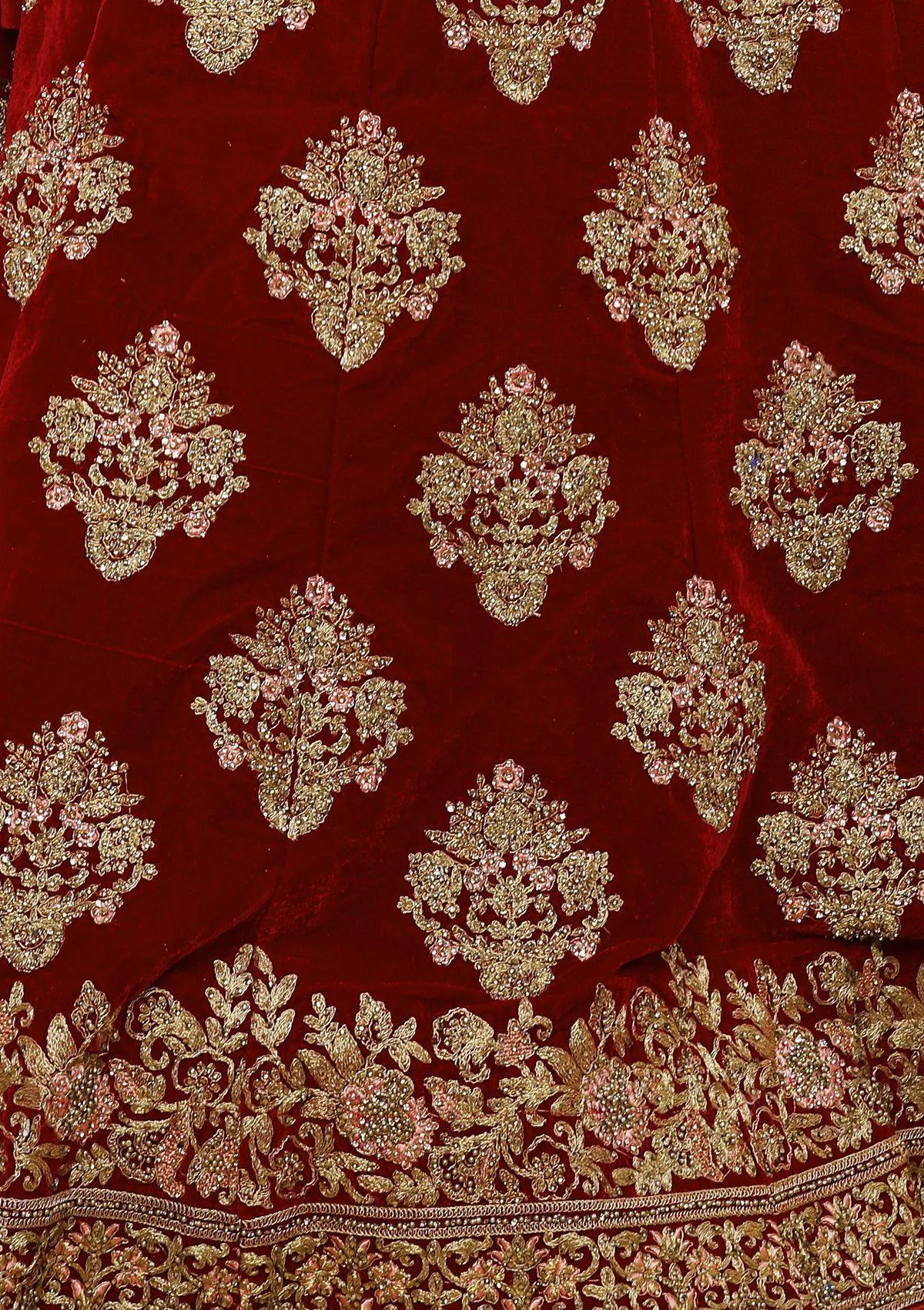Royal Red Zariwork Velvet Semi Stitched Lehenga