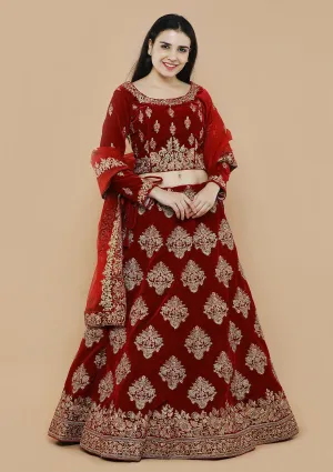 Royal Red Zariwork Velvet Semi Stitched Lehenga