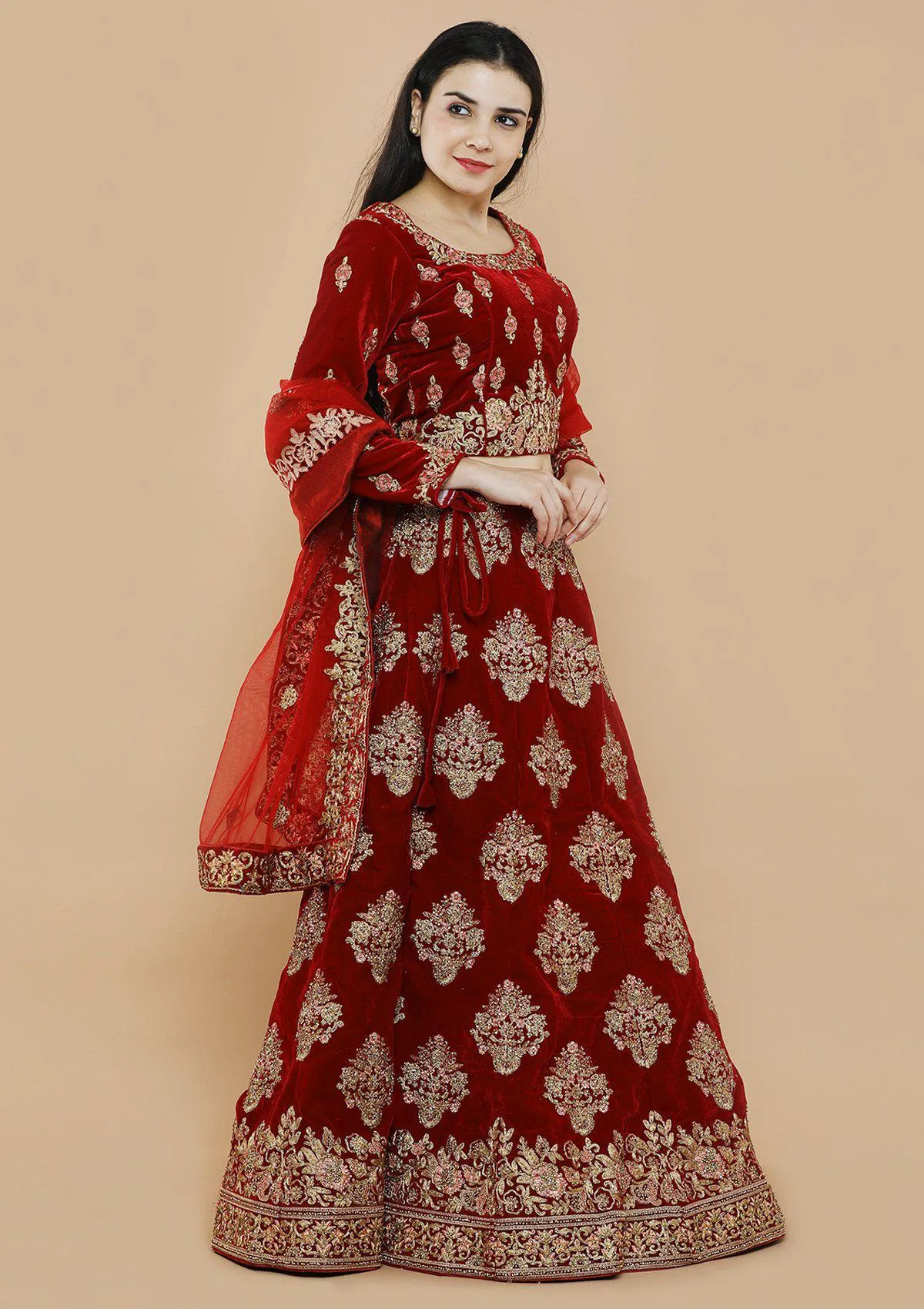 Royal Red Zariwork Velvet Semi Stitched Lehenga