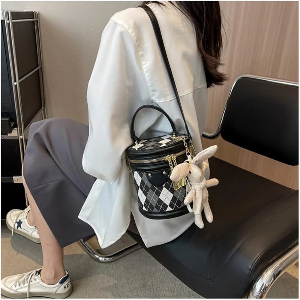 RTGGSEL Quilted Lattice Crossbody Shoulder Bags for Women Small Tote Square Satchel Handbags Purse with Bunny Doll Pendant