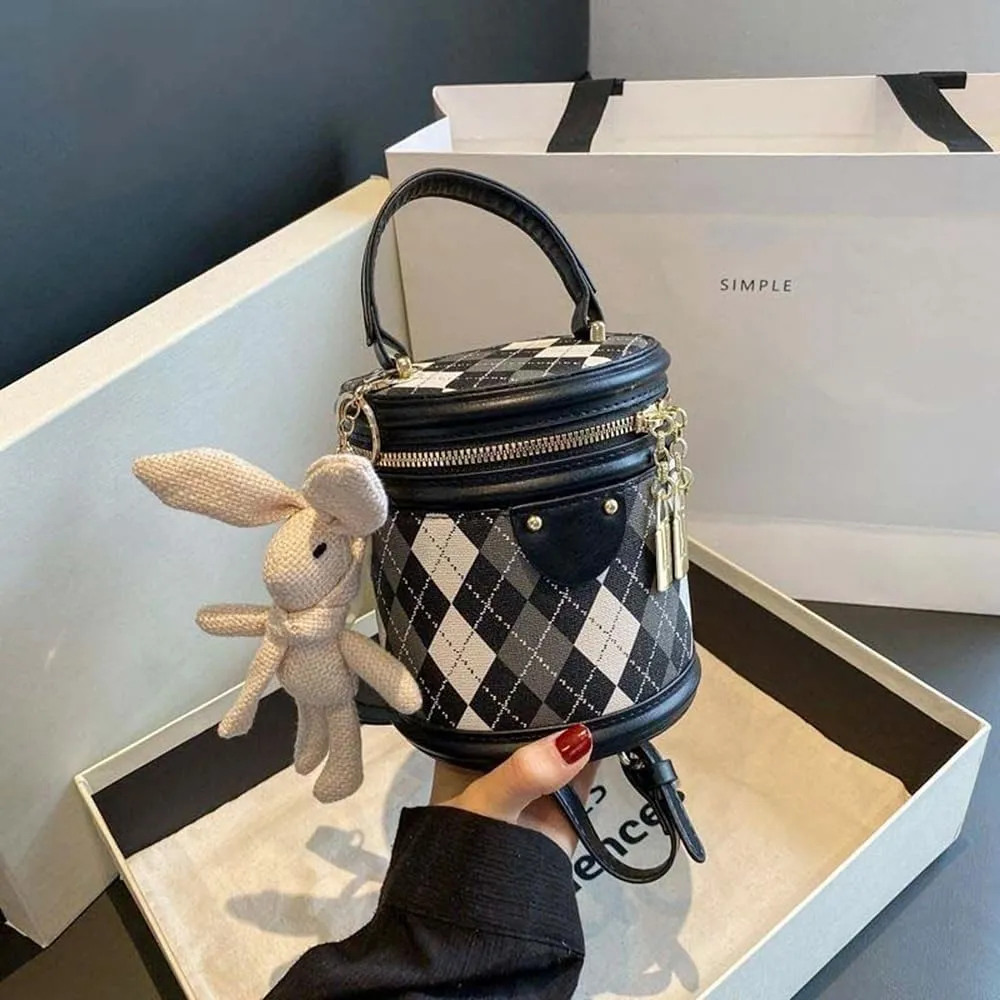 RTGGSEL Quilted Lattice Crossbody Shoulder Bags for Women Small Tote Square Satchel Handbags Purse with Bunny Doll Pendant