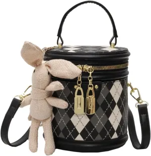 RTGGSEL Quilted Lattice Crossbody Shoulder Bags for Women Small Tote Square Satchel Handbags Purse with Bunny Doll Pendant